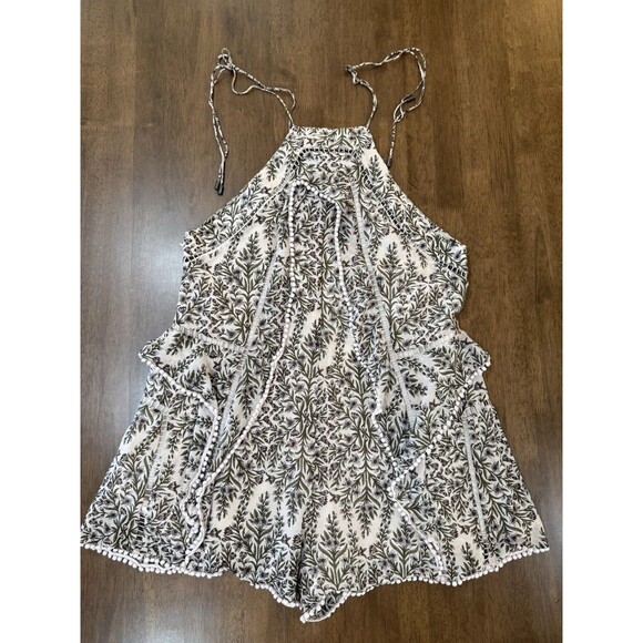 Zimmermann Henna Frippery Floral Pom Trim Halter Playsuit Taupe Silk Cotton Sz 2 - Picture 7 of 11